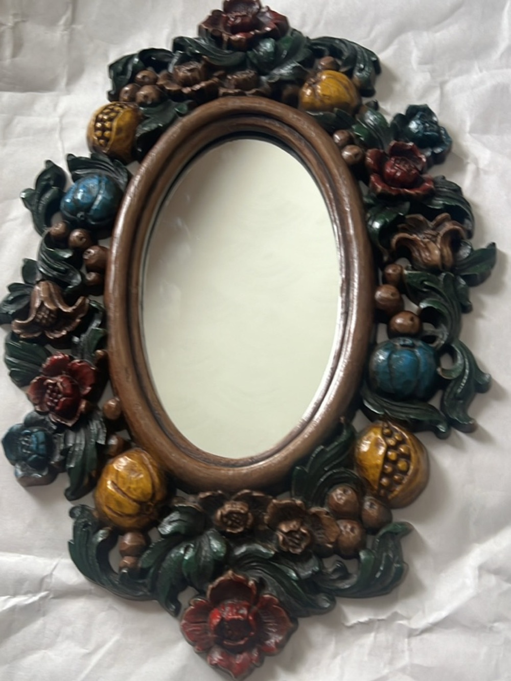 Syroco Homco Ornate Floral Carved Wall Mirror in Green, Brown, Blue & Gold